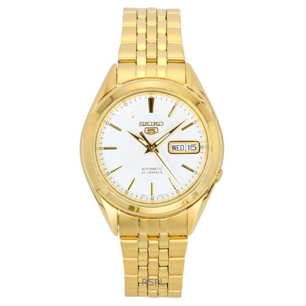 Seiko 5 Gold Tone Stainless Steel White 21 Jewels Automatic SNKL26K1 Mens Watch