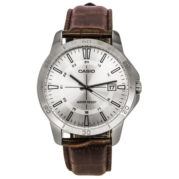 Casio Analog Brown Leather Band Silver Dial MTP-V004L-7C Splash-Proof Mens Watch