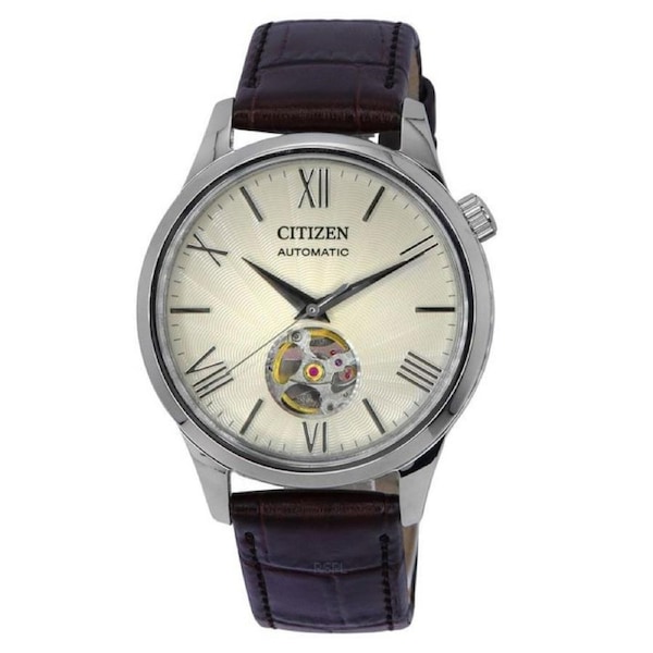Citizen Calf Leather Strap Open Heart Ivory Dial Automatic NH9130-17A Mens Watch