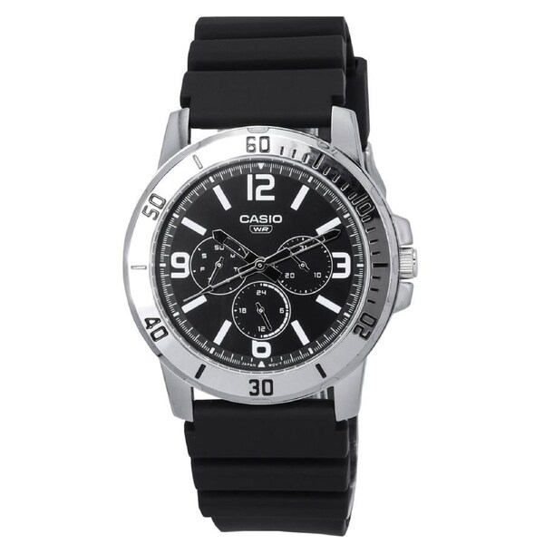 Casio Analog Day/Date Resin Strap Black Dial Quartz MTP-VD300-1B WR Mens Watch