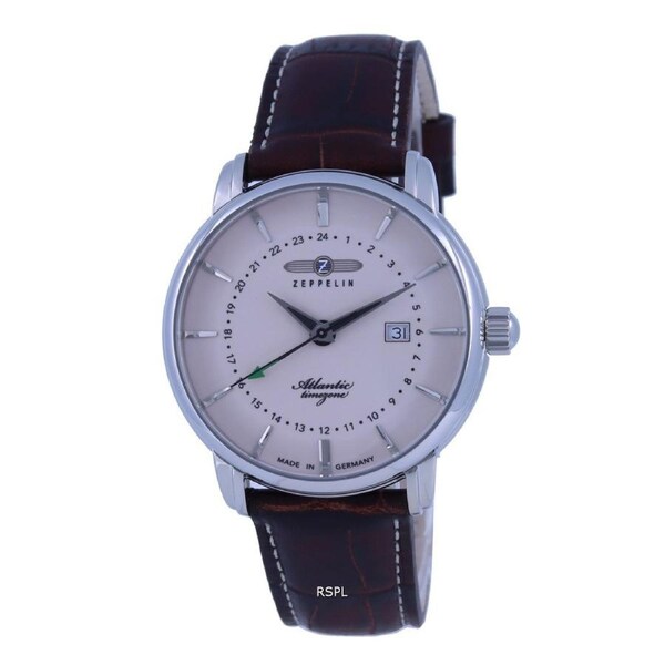 Zeppelin Atlantic Timezone Beige Dial Leather Strap Quartz 84425 50M Mens Watch