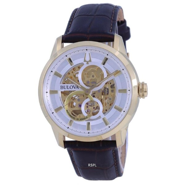 Bulova Classic Sutton Skeleton White Dial Leather Automatic 97A138 Mens Watch
