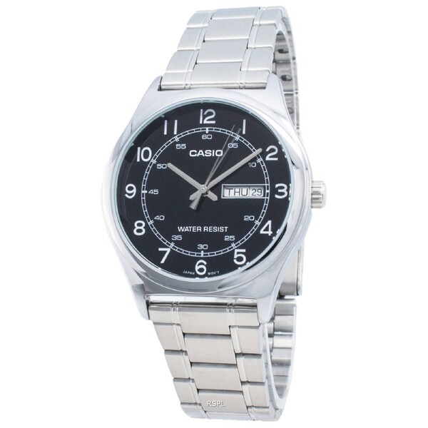 Casio MTP-V006D-1B2 Stainless Steel Black Dial Day/Date Quartz 30M Mens Watch