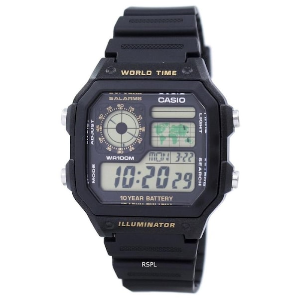 Casio Digital World Map World Time Alarm Illuminator AE-1200WH-1BVDF Mens Watch