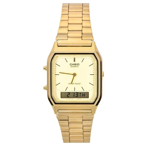 Casio Quarz Gold Tone Alarm Stopwatch AQ-230GA-9DMQYES Splash Proof Mens Watch