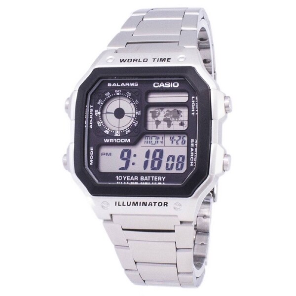 Casio Digital World Map Alarm Backlight Timer 100M AE-1200WHD-1AVDF Mens Watch