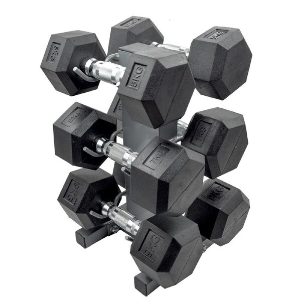 5-7-9kg - Total 42kg 3 Pair Hex Rubber Dumbell Weight Set with YAX-8 Rack