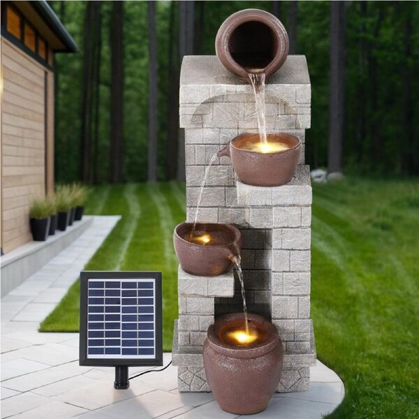1x Gardeon Water Feature Solar Fountain 4-Tier Cascading Brown
