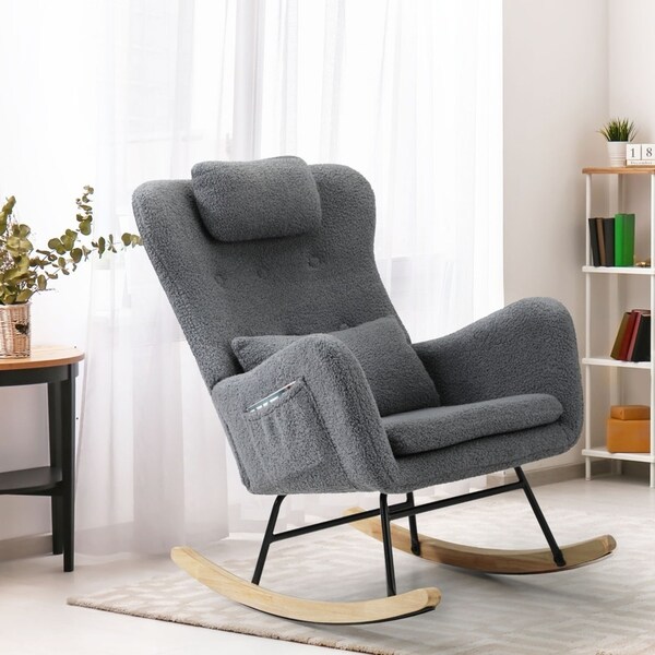 Oikiture Rocking Chair Nursing Armchair Sherpa Accent Chairs With 2 Pillow Grey