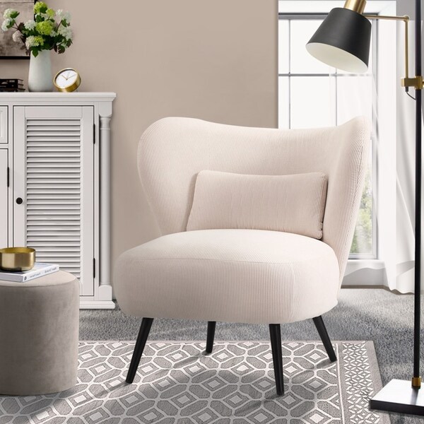 Oikiture Armchair Lounge Chair with Lumbar Pillow Wingback Velvet Beige