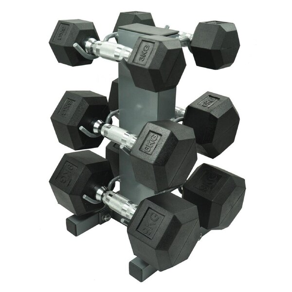 3-6-9kg - Total 36kg 3 Pair Hex Rubber Dumbell Weight Set with YAX-8 Rack