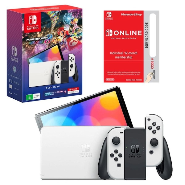 Nintendo Switch OLED Model White Console with Mario Kart 8 Deluxe and 12 Months Online Membership