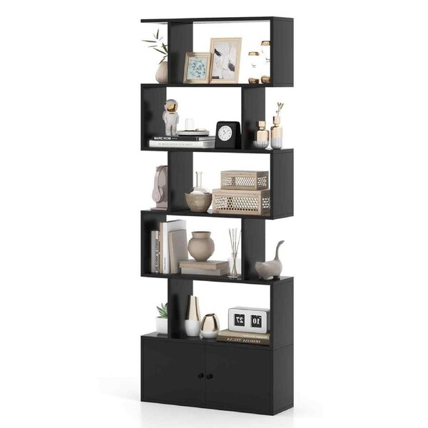Costway S-Shaped 6-Tier Bookshelf w/Cabinet Bookcase Storage Display Shelf Stand Rack Black