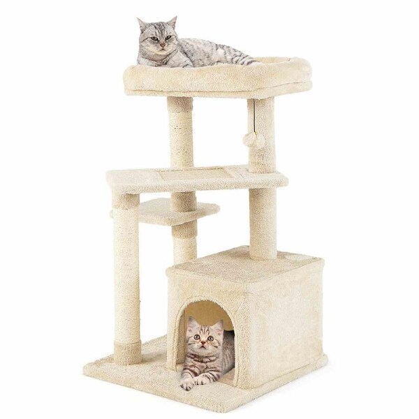 Costway 85cm 4-Tier Sisal Cat Tree Tower Activity Scratching Post w/Perch & Play Ball House Bed Beige