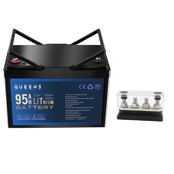 QUEENS 12V 95Ah Lithium Battery + 4 GANG 300A BusBar Black