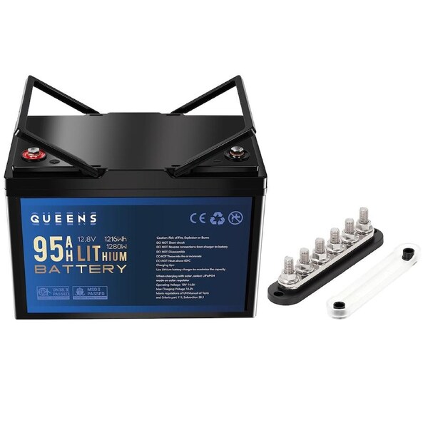 QUEENS 12V 1216Wh Lithium Battery + 6 GANG 300A BusBar Black
