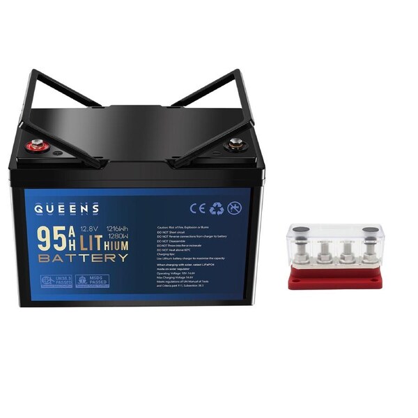 QUEENS 12V 1216Wh Lithium Battery + 4 GANG 300A BusBar Red