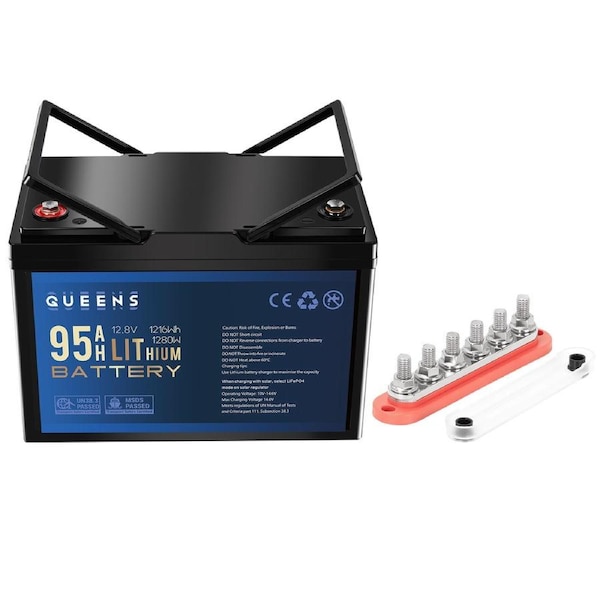 QUEENS 12V Lithium Battery 1216Wh + 6 GANG 300A BusBar Red