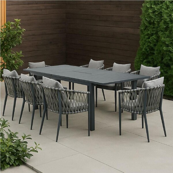 Mornington 9-Piece Charcoal Aluminium Outdoor Dining Set - Dark Grey Cushions