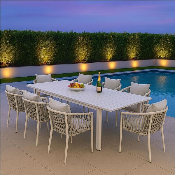 Mornington 9-Piece White Aluminium Outdoor Dining Set - Light Grey Cushion