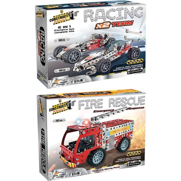 2pc Construct IT Fire Rescue Emergency Response and Racing Car Toy Set