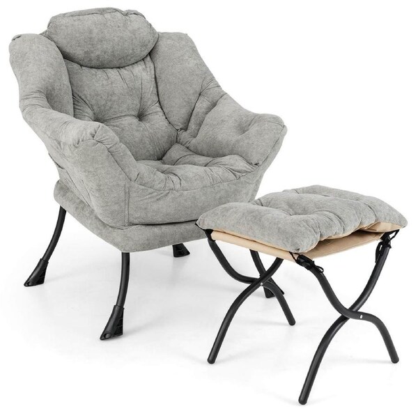 Costway Accent Leisure Lounge Armchair Set w/Folding Footrest Cushioned Sofa Chair Ottoman Grey