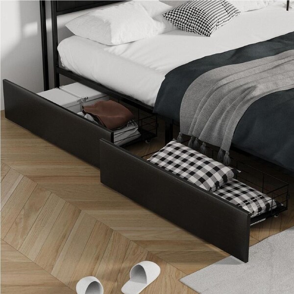 Oikiture 4x Trundle Drawers for Bed Frame Base Storage with Wheels Metal Black