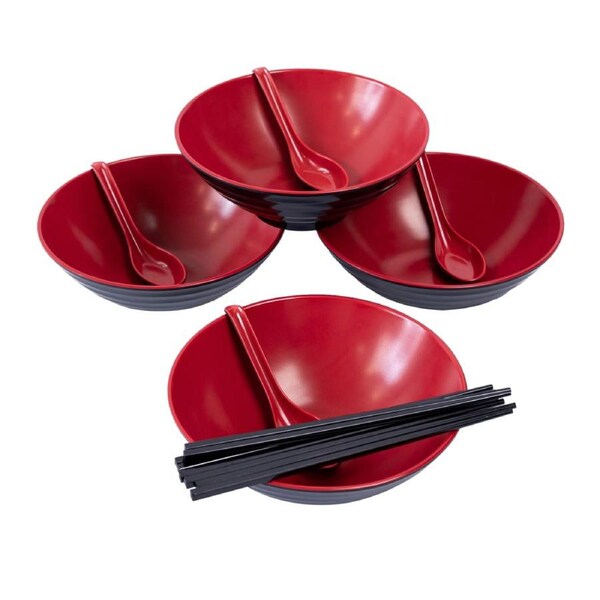 12 Piece Ramen Noodle Bowl with Spoon and Chopsticks Black Red