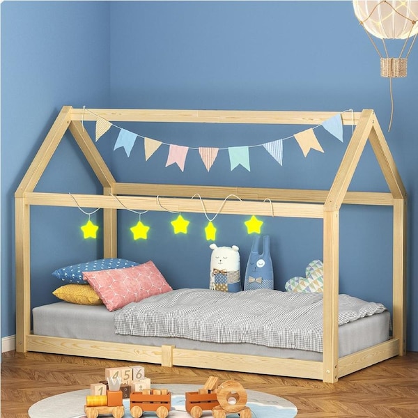 ALFORDSON Kids Bed Frame Wooden Timber Single House Frame Platform Bed Base Oak Rocco