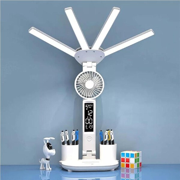 LED Desk Lamp with Fan Four Heads Desk Lamp Dimmable Reading Lamp 2000mAh USB Rechargeable Office Lamp Eye Protection Study Lamp Calendar Time Temperature Function