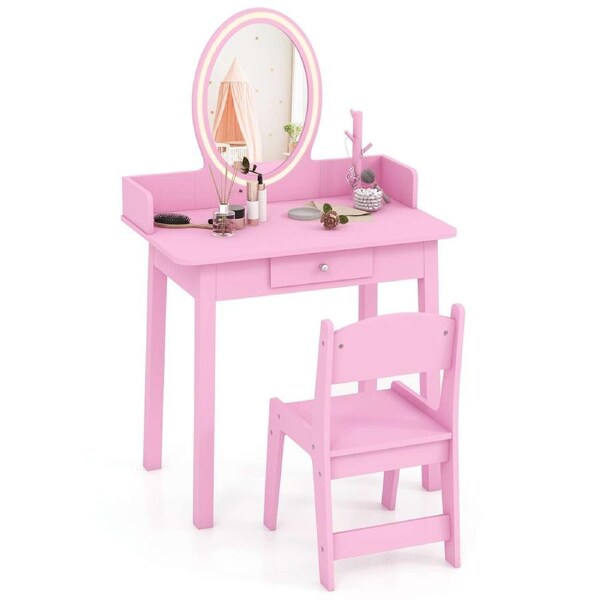 Costway Vanity Dressing Table Chair Set Makeup Beauty Study Desk w/2 Color Adjustable Lighted Mirror Pink