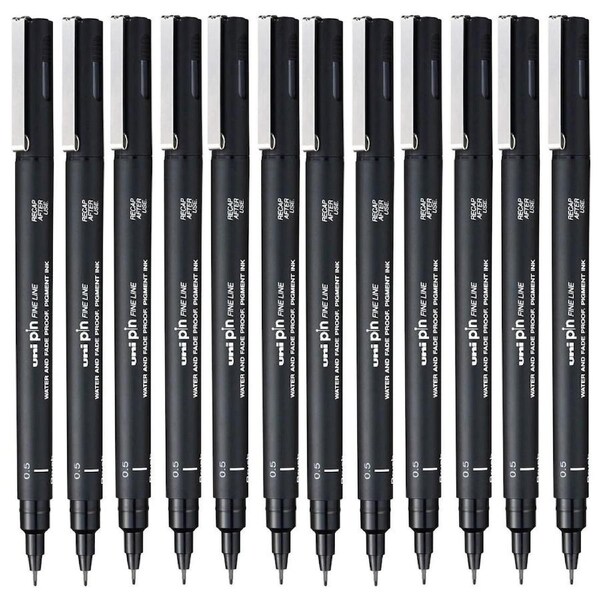 Uni-Ball 200 Pin Fineliner Pen 0.5mm Thin Black Box 12