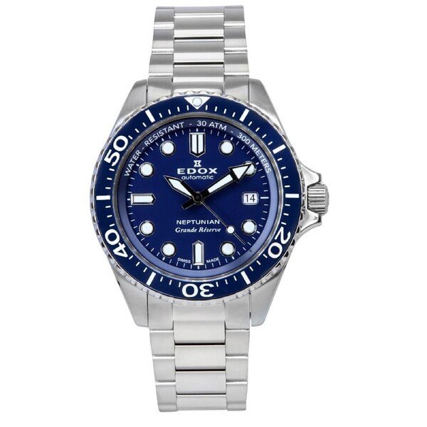 Edox Neptunian Grande Reserve Swiss Made Blue Dial Automatic Divers Mens Watch