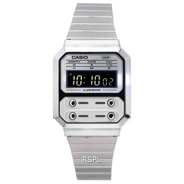Casio Vintage Digital Alarm Illuminator Stainless Steel A100WE-7B Unisex Watch