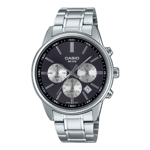 Casio Chronograph Stainless Steel Grey Dial Analog MTP-E515D-1AV 50M Mens Watch