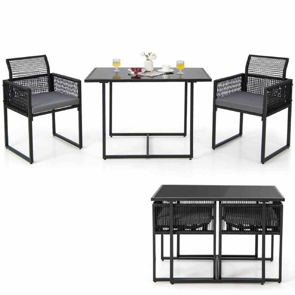 Costway 3PCS Outdoor Dining Furniture Set Patio PE Rattan Table Chairs w/Folding Backrest Lounge Setting