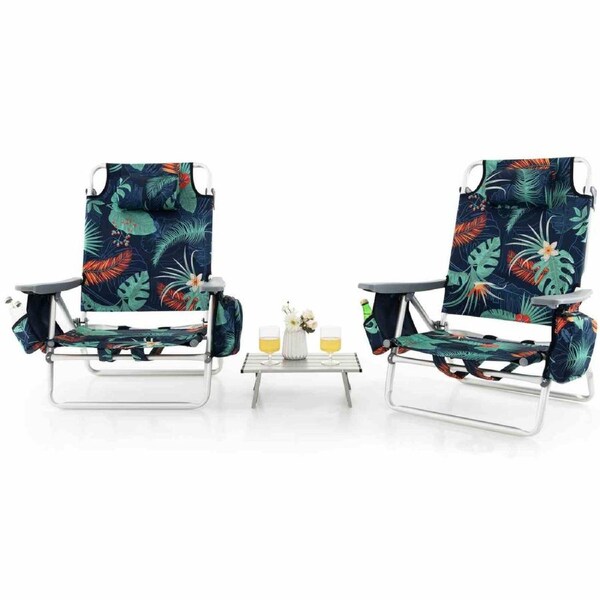 Costway 2-Pack Folding Backpack Beach Chair Table Set 5-Position Aluminium Outdoor Reclining Chair Green