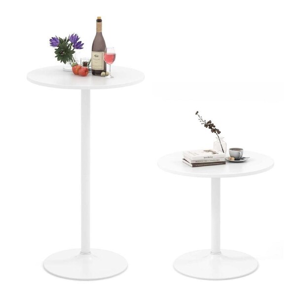 Costway 2Pcs 101.5/56cm Bar Table High Round Coffee Table Bistro Cocktail Table Pub Cafe Dining Side Table White