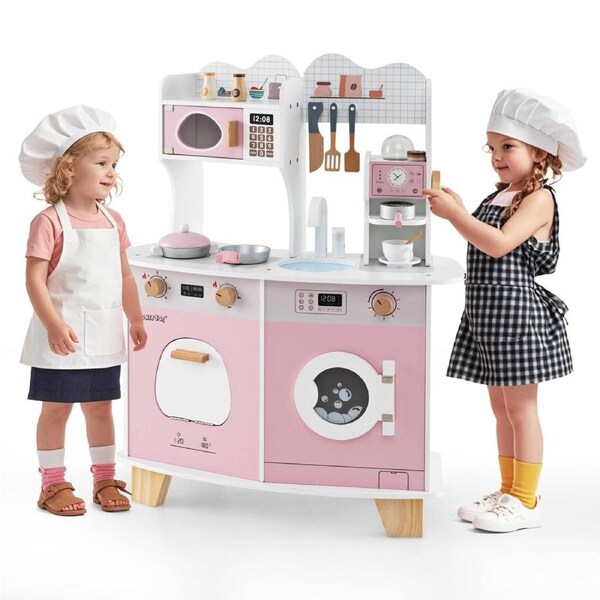 Babyjoy All-in-1 Kids Kitchen Playset Wooden Pretend Play Kitchen w/Cooking Accessories Cooking Toy Pink