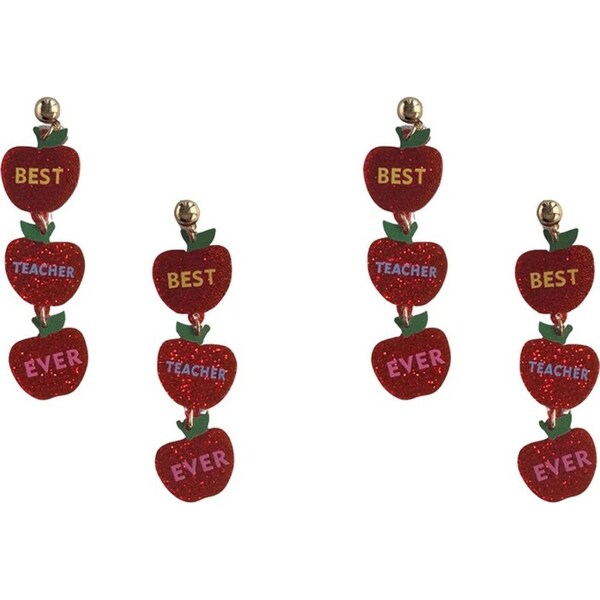 2x Urban Pop Best Teacher Ever Sparkling Apples Dangling Stud Earrings Red