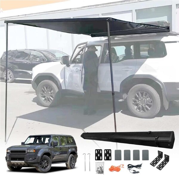 LED light Car Side Awning Camping Shade for Toyota Prado 250 Series 2024-2025 UV Waterproof 4WD Durable Sunshade