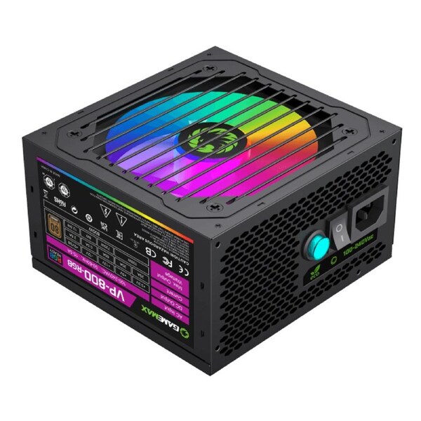 GameMax VP-800 RGB 800W Power Supply - 80 Plus High Efficiency, 120mm RGB Fan, Active PFC, Gaming PSU with Stealth Black Cables, Black