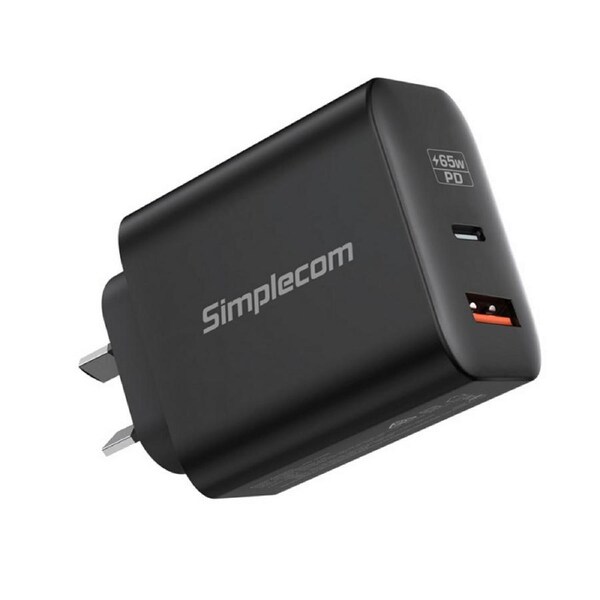 Simplecom Dual Port PD 65W USB-C + USB-A GaN Fast Wall Charger for Phone and Laptop (CU265)