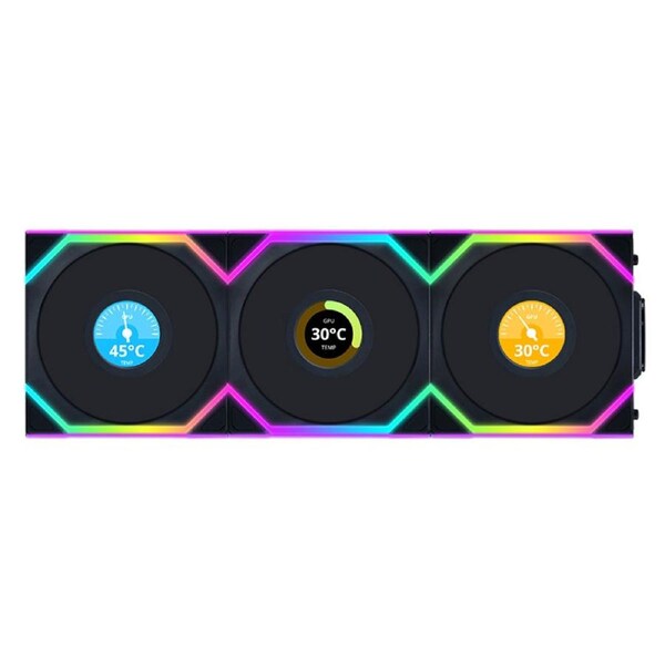 Lian Li Uni Fan 120mm SL Wireless Reverse Blade ARGB 4-Pin PWM Black Fan with 1.6in LCD Display with Controller - 3 Pack (12RSLLCD1W3B)