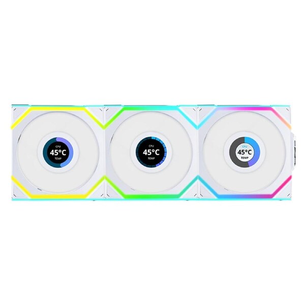 Lian Li Uni Fan 120mm SL Wireless Reverse Blade ARGB 4-Pin PWM White Fan with 1.6in LCD Display with Controller - 3 Pack (12RSLLCD1W3W)