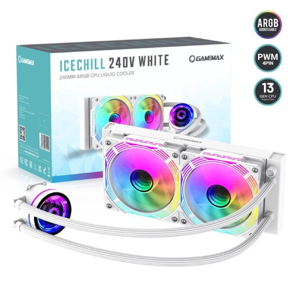 GameMax IceChill 240V White AIO Liquid CPU Cooler - 240mm Radiator, 250W TDP, Addressable RGB PWM Fans & Pump, High-Performance Water Cooling - White