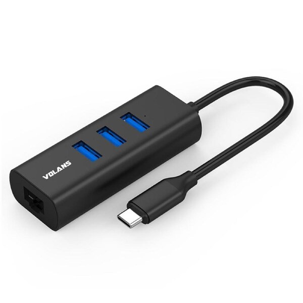 Volans Aluminum USB-C Gen 2 to 3-Port Hub and Gigabit Ethernet Adapter (VL-HJ45-C2)