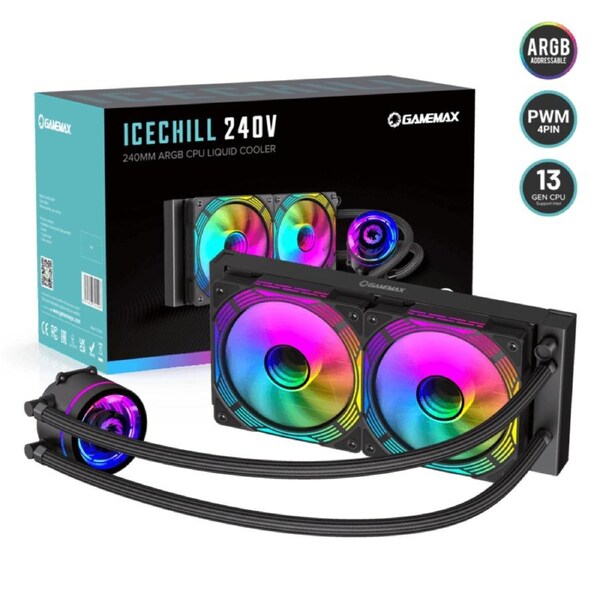 GameMax IceChill 240V ARGB AIO Liquid CPU Cooler - 240mm Radiator, 250W TDP, PWM Fans, Infinity Mirror Pump Head, Intel & AMD Compatible - Black