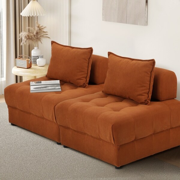 Oikiture 2 Seater Velvet Modular Sofa Lounge Chair Armless TOFU Back Brown
