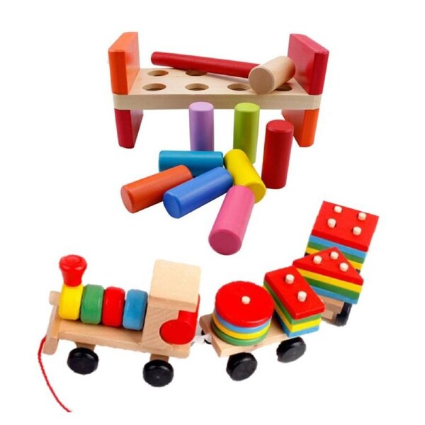 Hitting Toy & Pulling Train, Classic Wooden Early Learning Toy Bundle Learn Shapes & Colours
